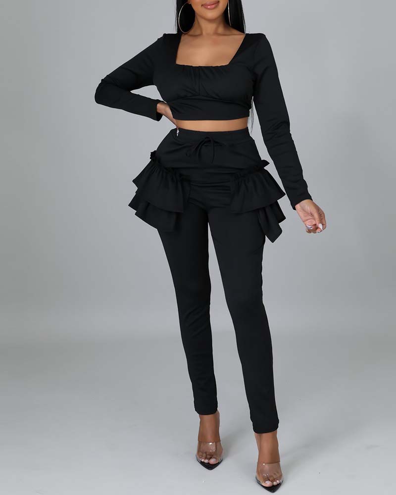 

Square Neck Long Sleeve Top & Ruffles Pants Set, Black
