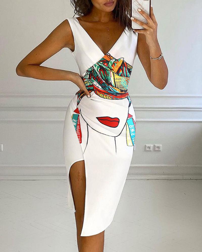 

High Slit Ruched Figure Print Wrap Dress, White