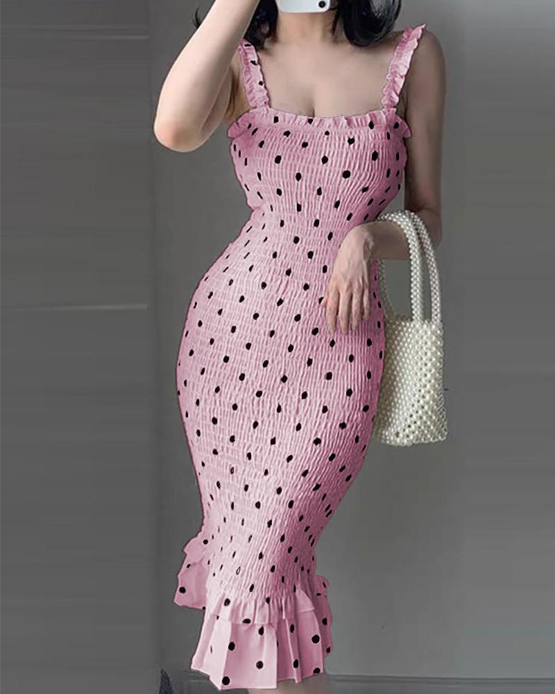 

Spaghetti Strap Polkadot Print Shirred Mermaid Dress, Pink