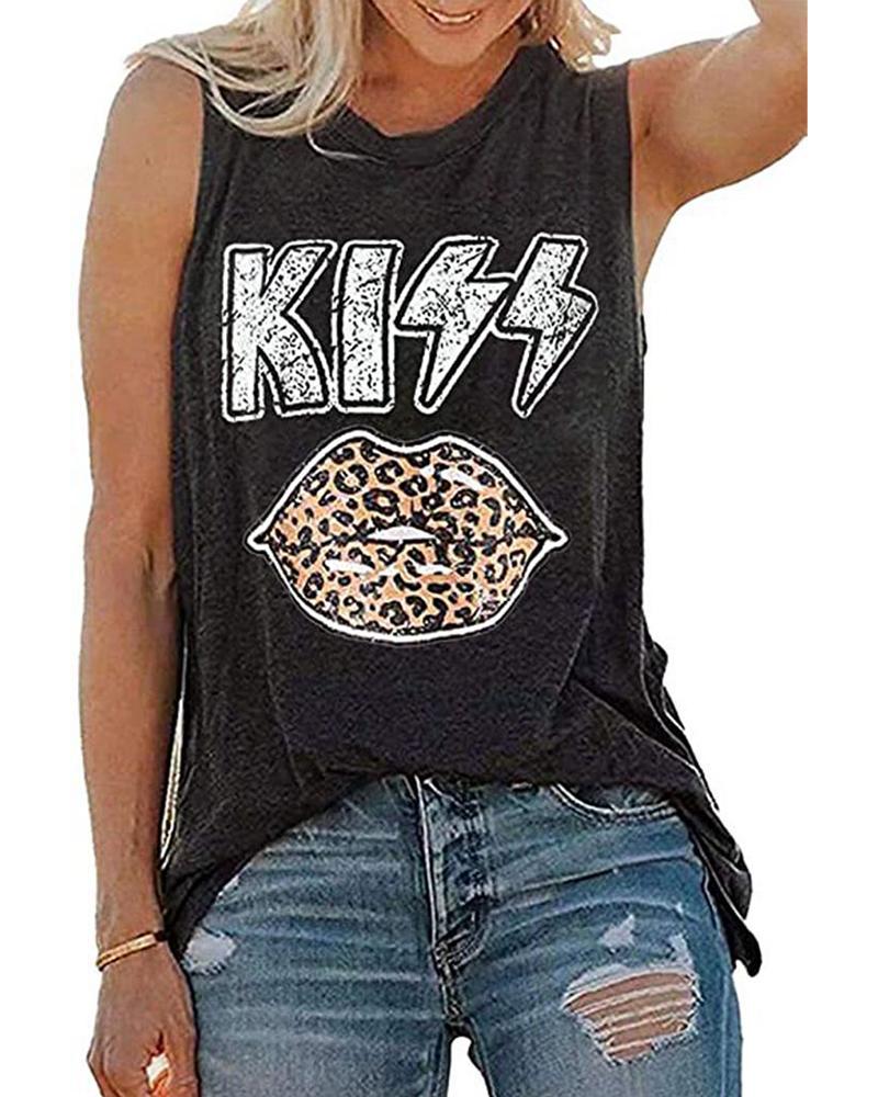 

Women' Casual Tee Letter Kiss Leopard Lip Print Sleeveless Tank Top, Black