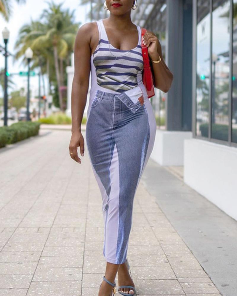 

3D Graphic Print Sleeveless Maxi Dress, Blue