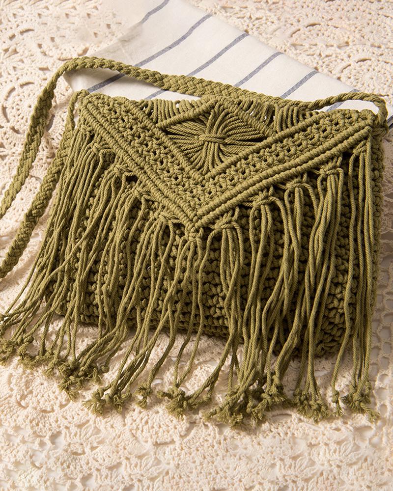 

Crochet Braided Tassel Decor Shoulder BeachBag, Green
