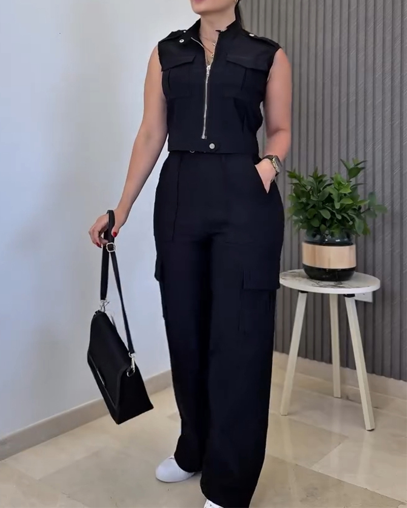 

Stylish Plain Two-piece Set 3D Cargo Pockets Sleeveless Tank Top and Casual High Waist Wide Leg Pants Set, Black