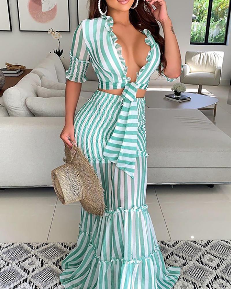 

Striped Print Deep V Neck Maxi Bodycon Dress, Green