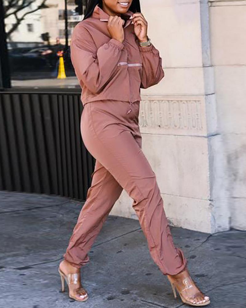 

Zipper Design Drawstring Top & High Waist Pants Set, Pink