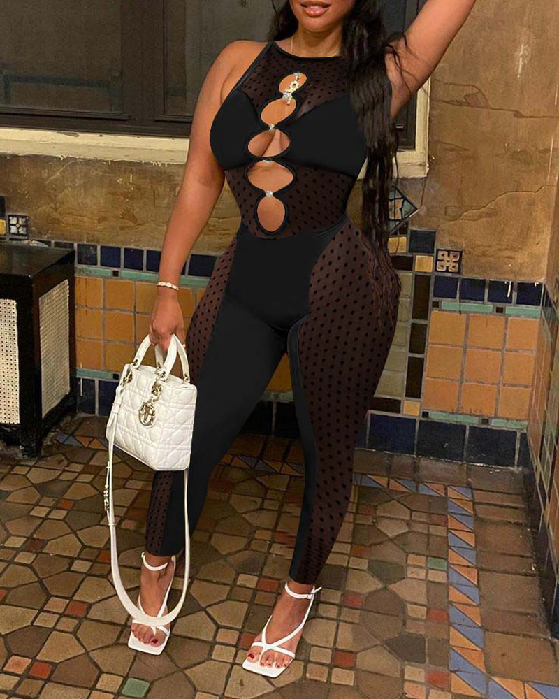 

Rhinestone Decor Hollow Out Sheer Mesh Jumpsuit, Black