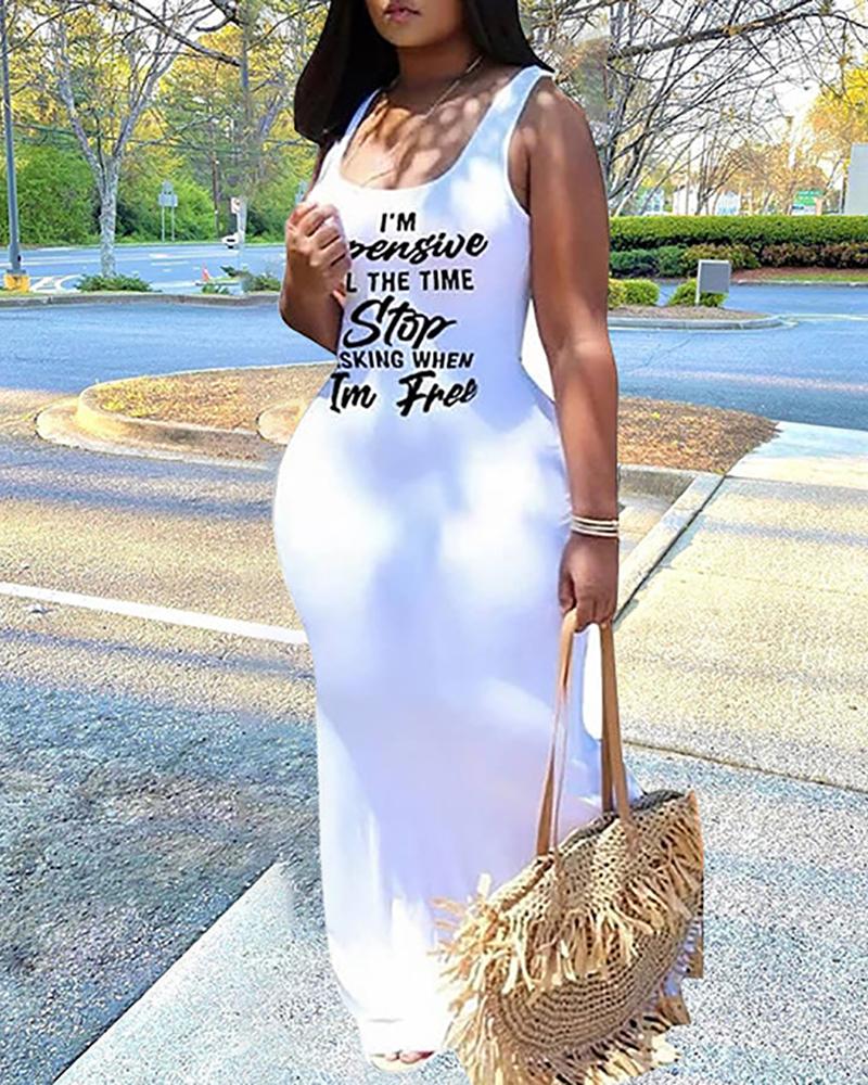 

Plus Size Letter Print Sleeveless U-Neck Maxi Dress, White