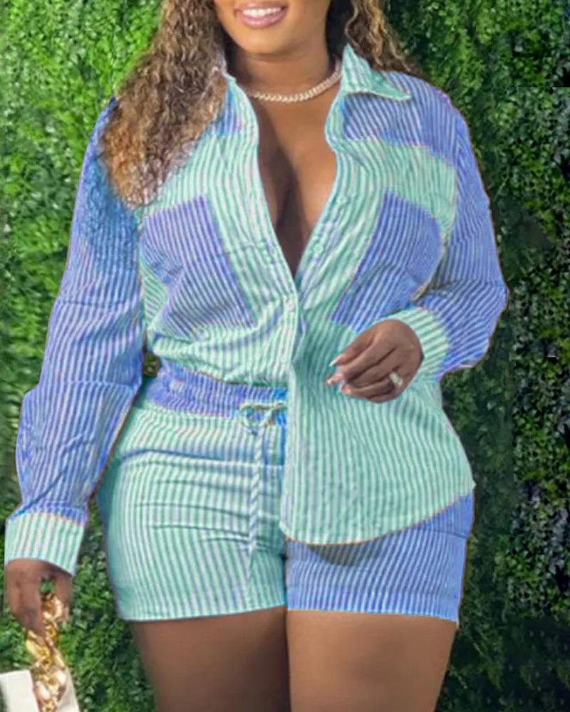 

Colorblock Striped Print Shirt & Drawstring Shorts Set, Green