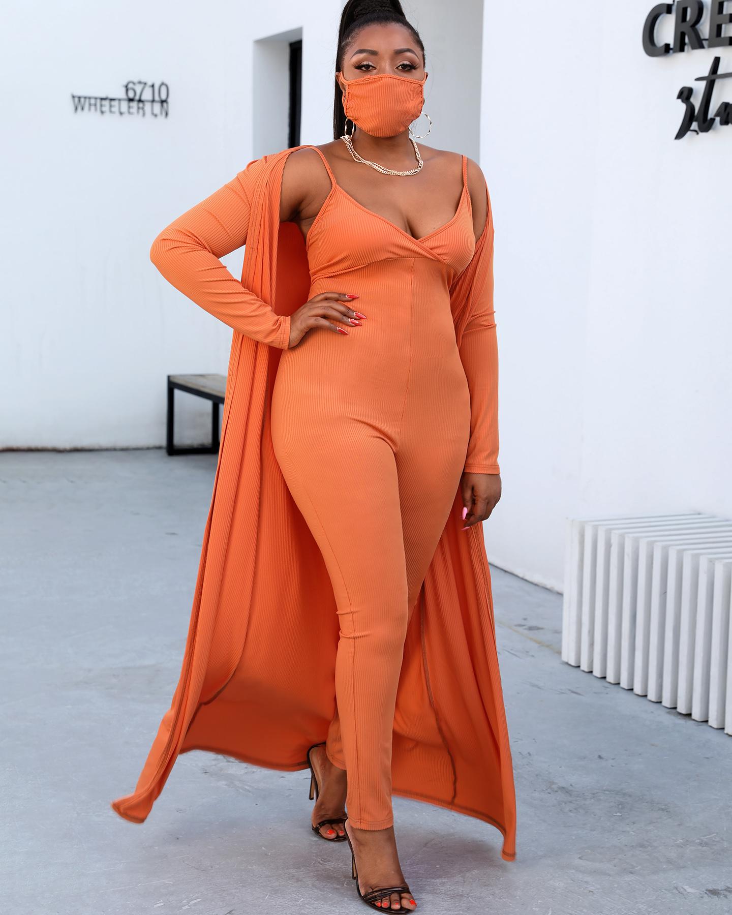 

Plus Size Ribbed Plain Crop Top & Pants Set With Coat & Mask, Orange