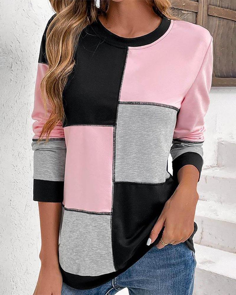 

Colorblock Round Neck Contrast Piping Sweatshirt, Pink