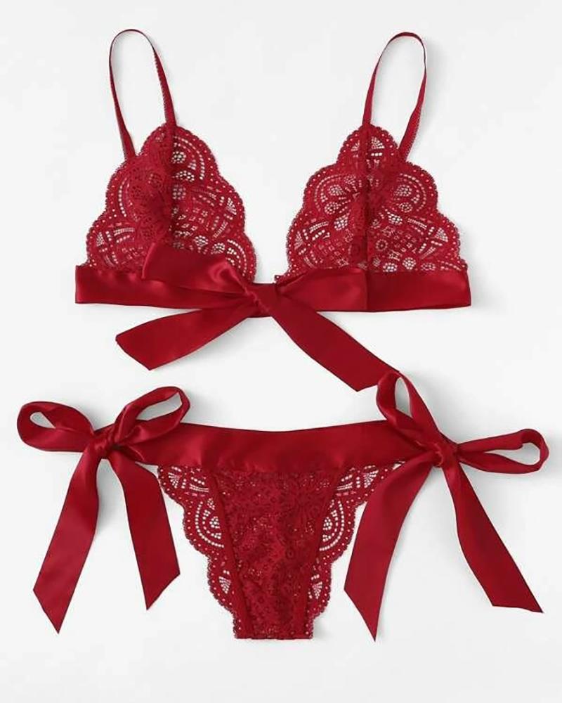 

Satin Tied Detail Crochet Lace Lingerie Set, Wine red