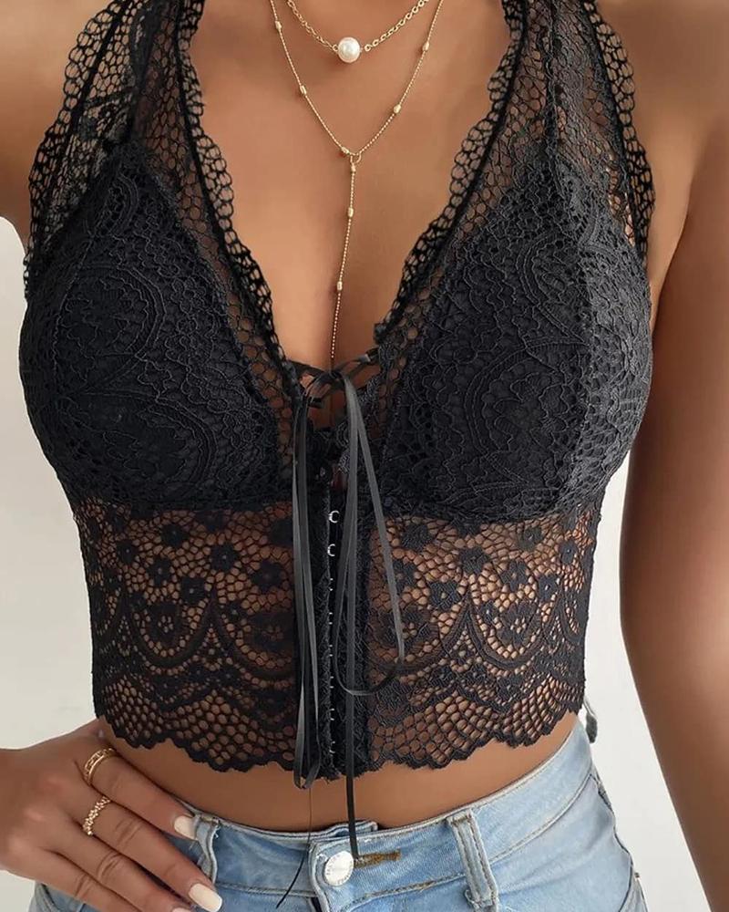 

Crochet Lace Sleeveless Lace Up Crop Top, Black