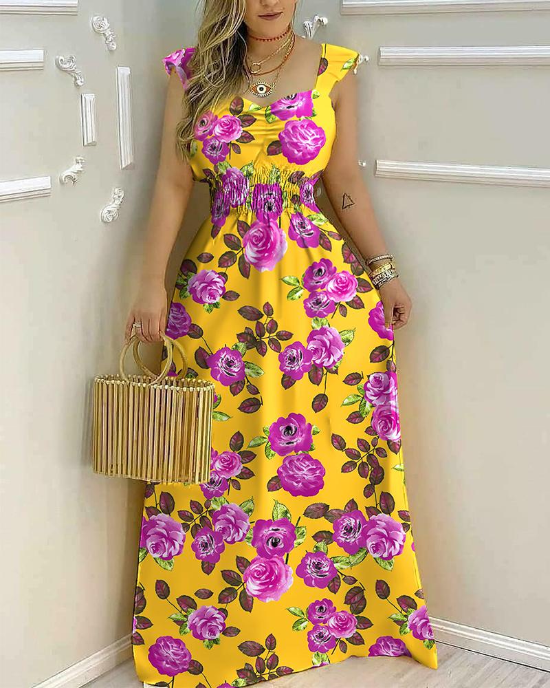 

Floral Print Shirred Waist Maxi Dress, Yellow