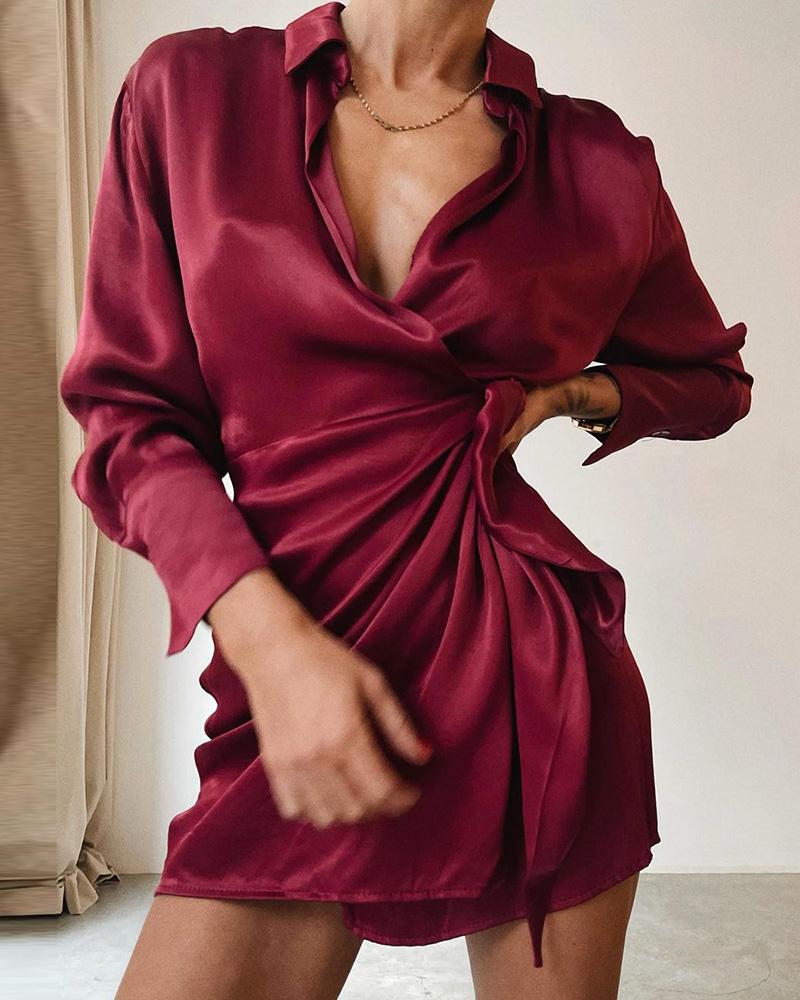 

Long Sleeve Tied Detail Satin Shirt Dress, Wine red
