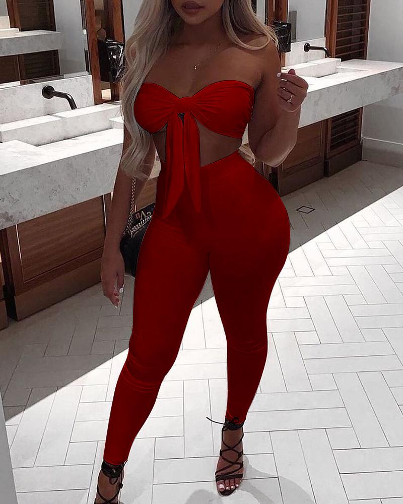 

Off Shoulder Knotted Plain Skinny Top & Pants Set, Red