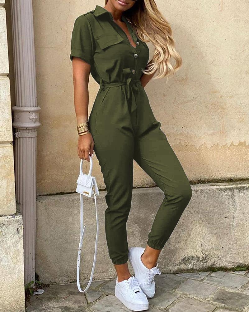 

Solid Short Sleeve Buttoned Jumpsuit, Army green