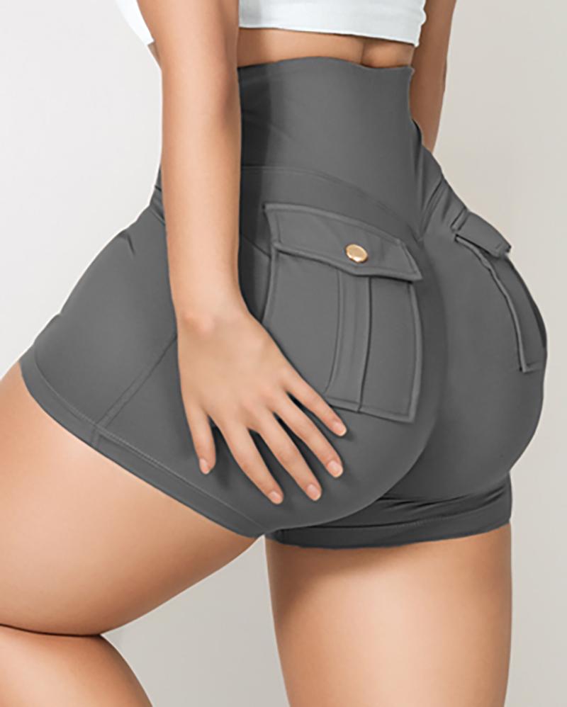 

Shorts ativos com babados de cintura alta com design de bolso, Gray