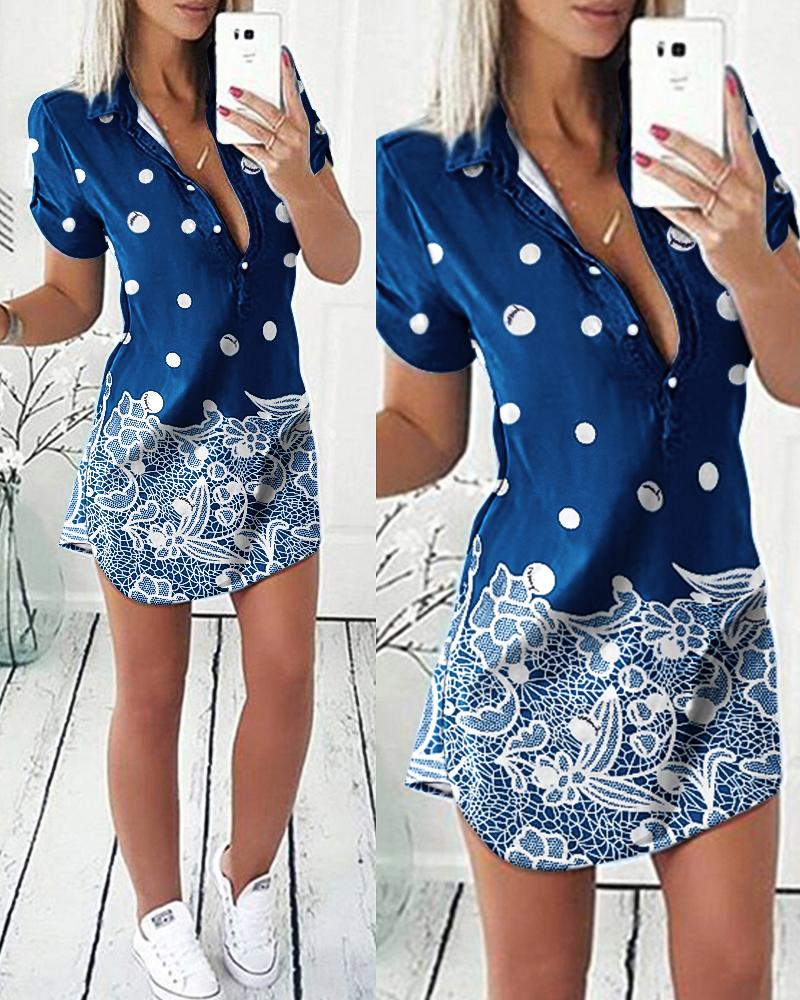 

Polka Dot Floral Print Button Front Shirt Dress, Purplish blue