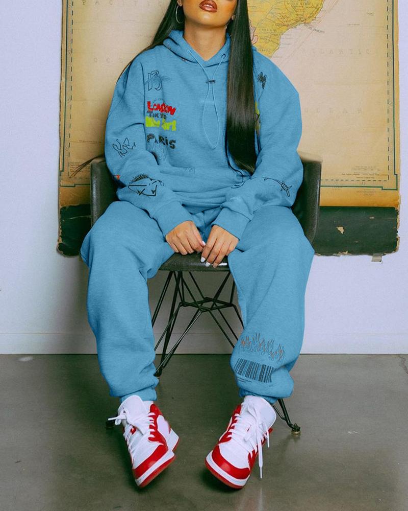 

Letter Print Hooded Women Top & Pants Set, Blue