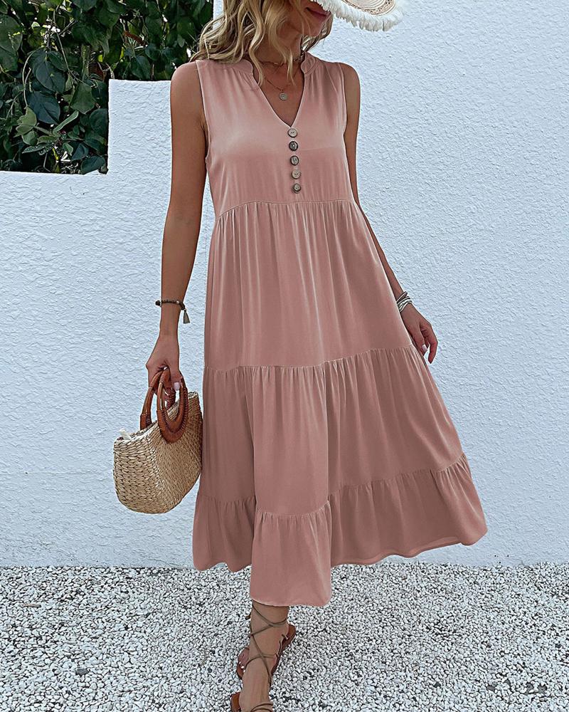 

Buttoned Ruched Smock Casual Dress, Pink