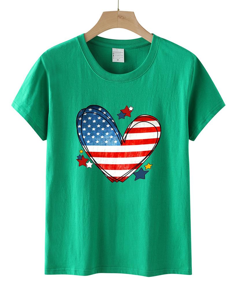 

Independence Day Flag Heart Print Casual T-shirt, Green