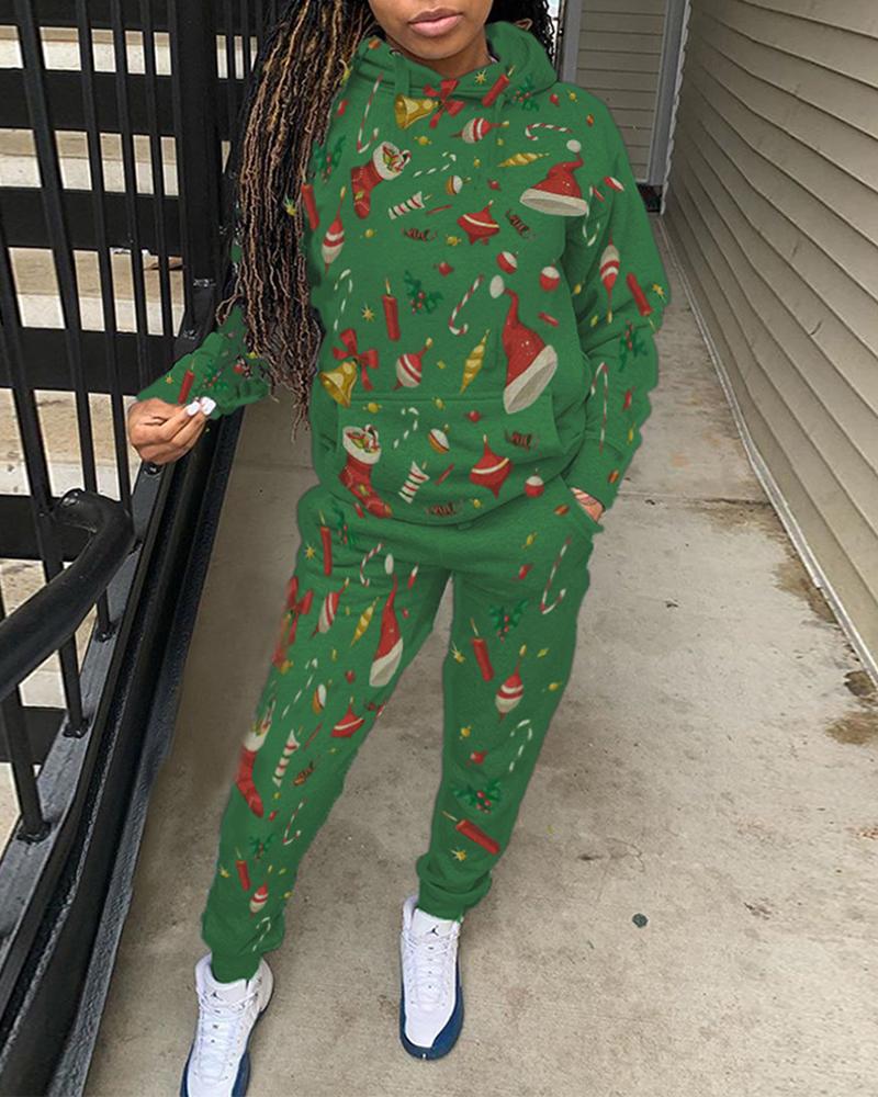 

Christmas Print Hooded Top & Pants Set, Green