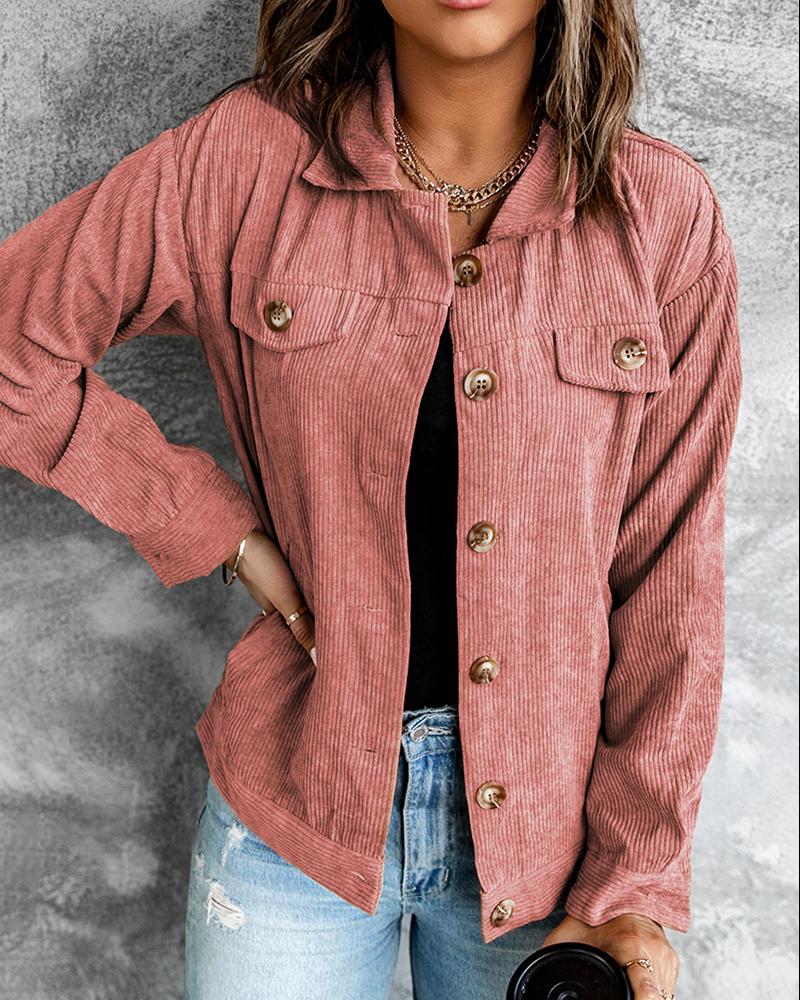 

Corduroy Button Design Flap Detail Shacket, Pink