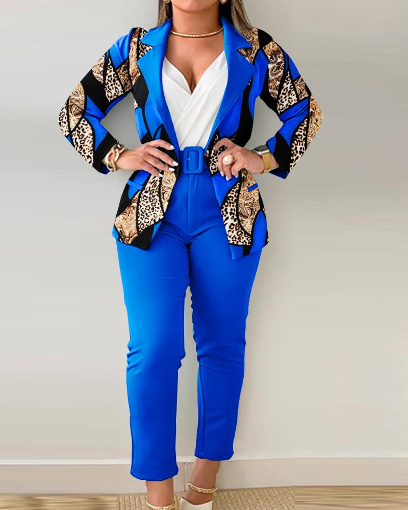 

Plus Size Baroque Leopard Print Blazer Coat & Pants Set, Blue