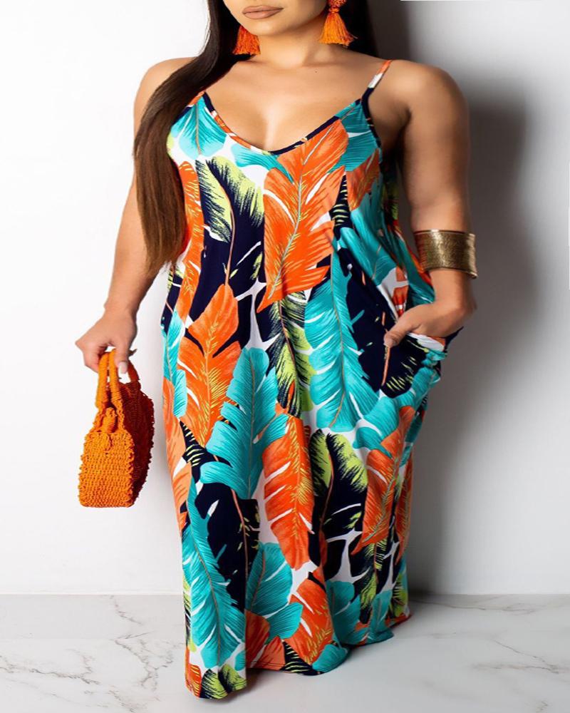 

Plus Size Tropical Print Spaghetti Strap Maxi Dress, Blue