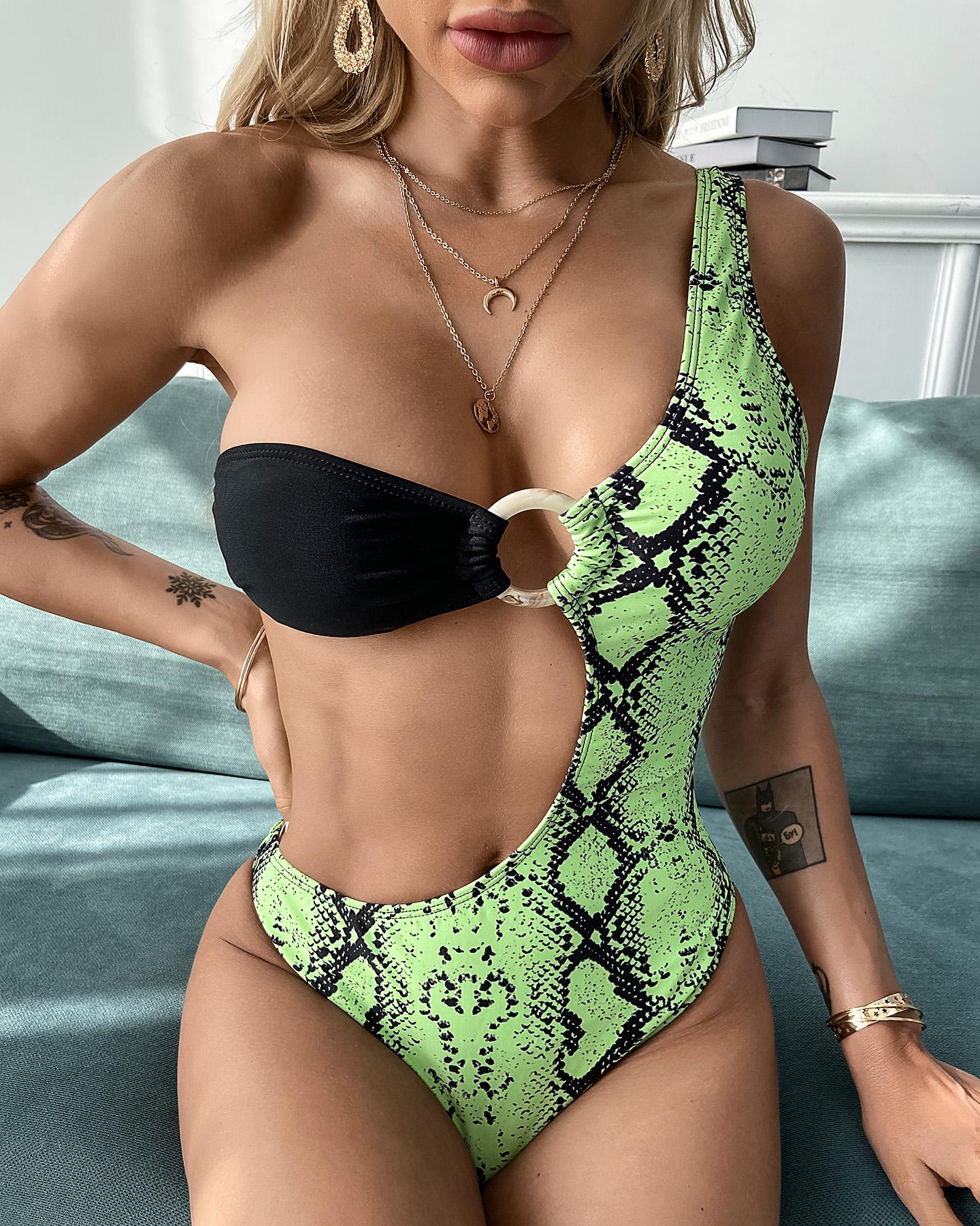 

Snakeskin Print One Shoulder Cutout One Piece Swimwear, Green