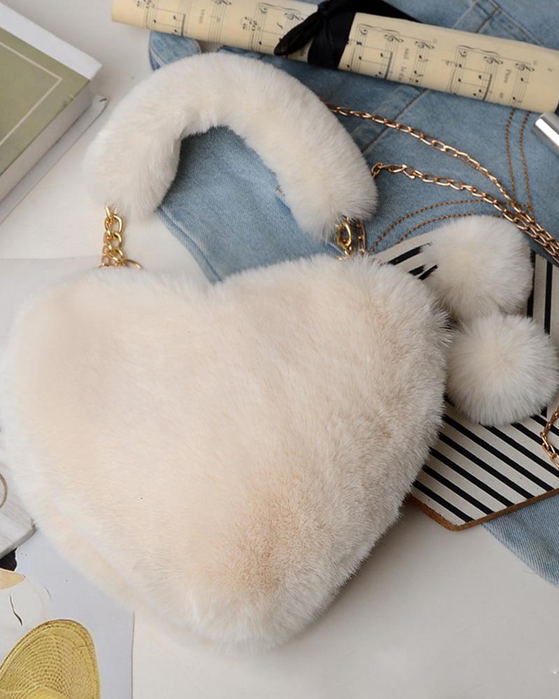 

Fluffy Heart Shaped Pom Pom Chain Strap Handbag, Beige