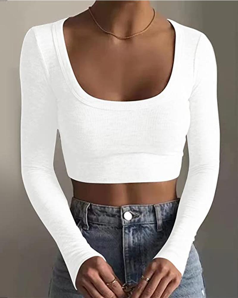 

Long Sleeve U-Neck Crop Top, White