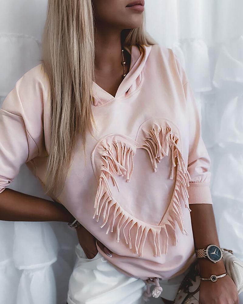 

Hooded Heart Pattern Tassel Design Top, Pink