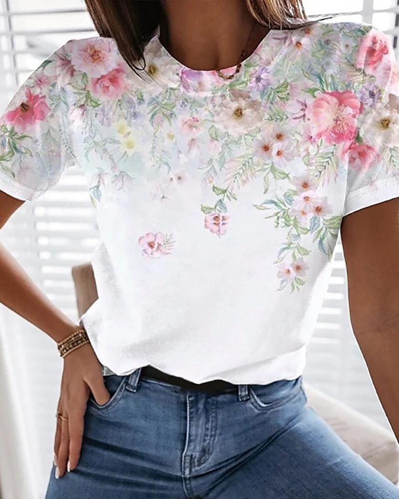 

Floral Print O-neck Short Sleeve T-shirt, White