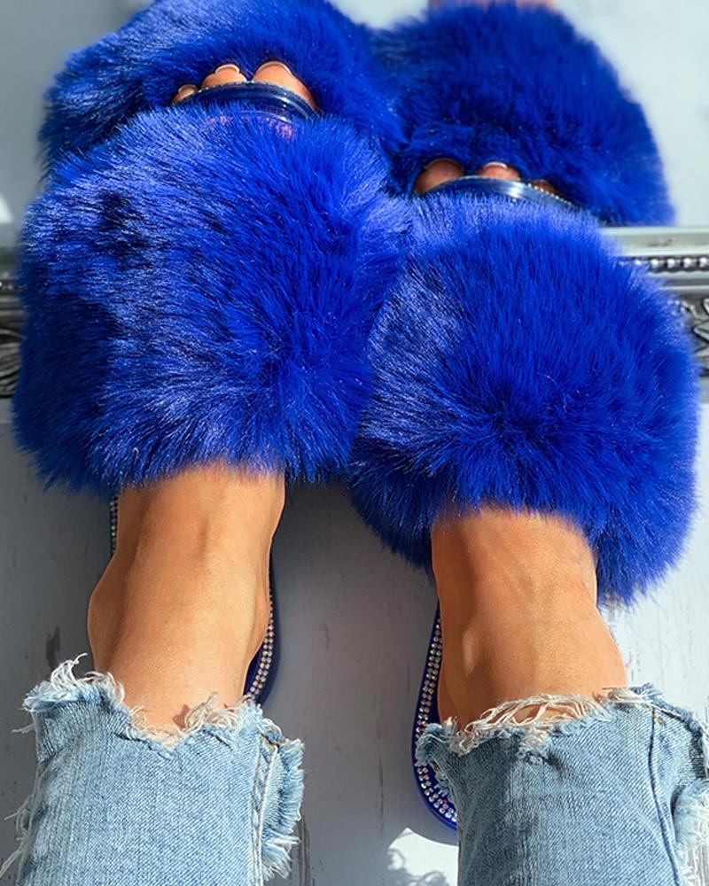 

Fluffy Peep Toe Plain Slippers, Blue