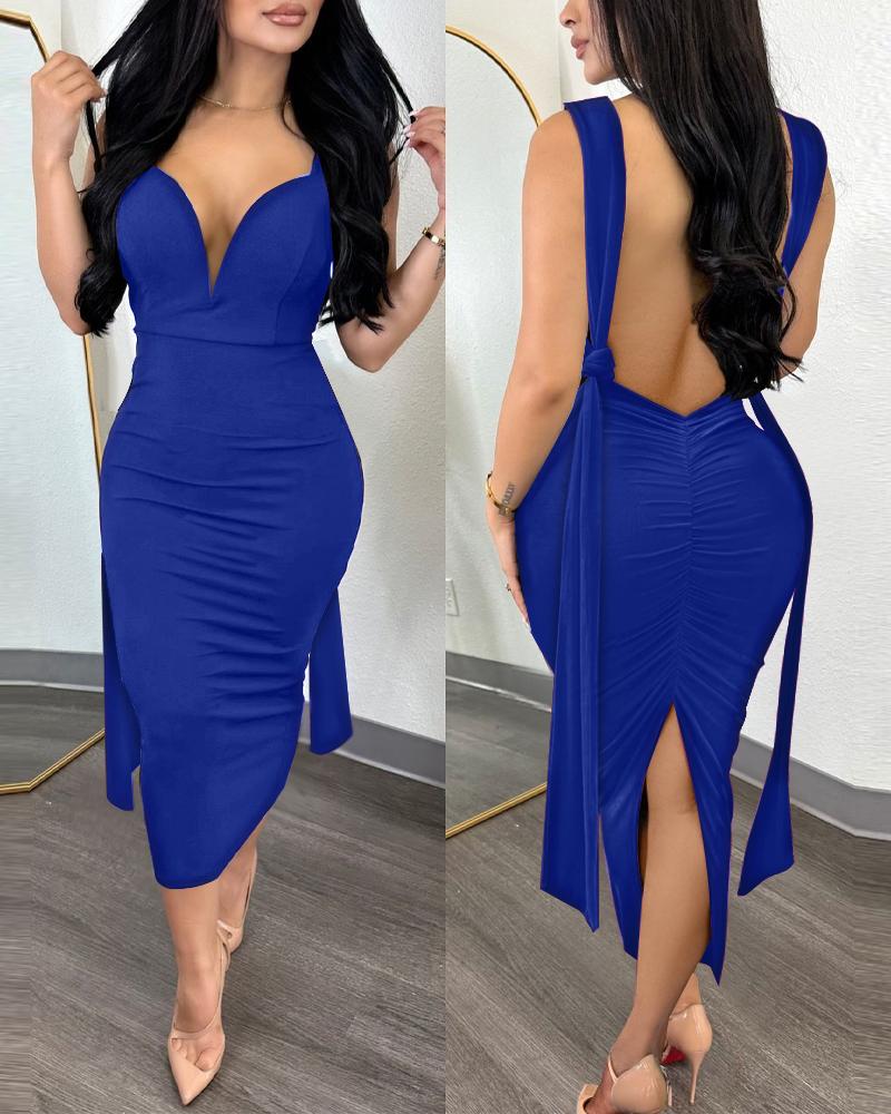 

Knotted Slit Ruched Slit Party Dress, Blue