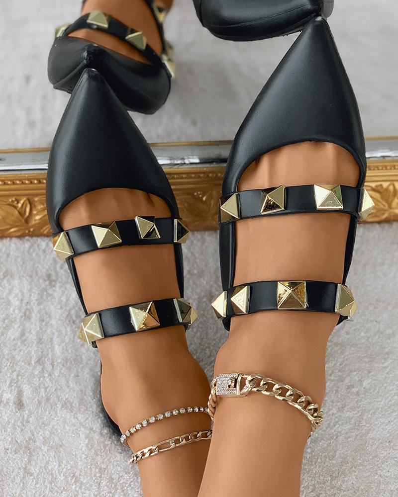 

Studded Pointed Toe Slip On Mules, Black