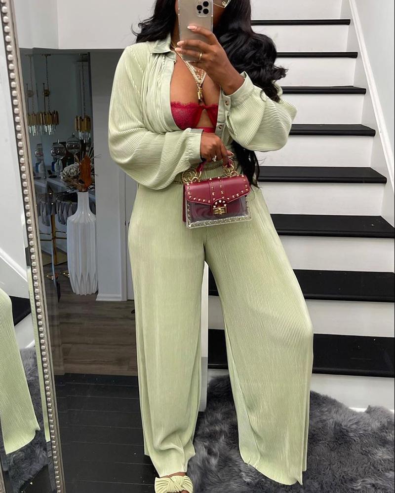 

Long Sleeve Buttoned Top & Wide Leg Pants Set, Green