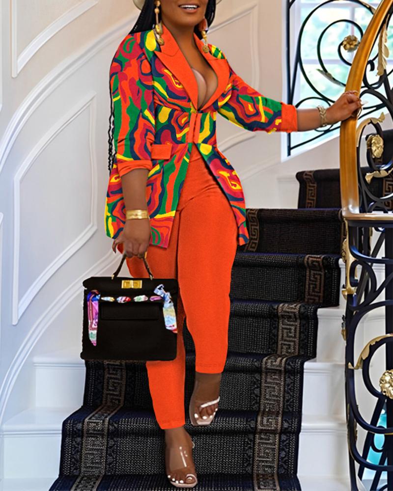 

Plus Size Multi-Color Abstract Print Corset Blazer Coat & Pants Set, Multicolor