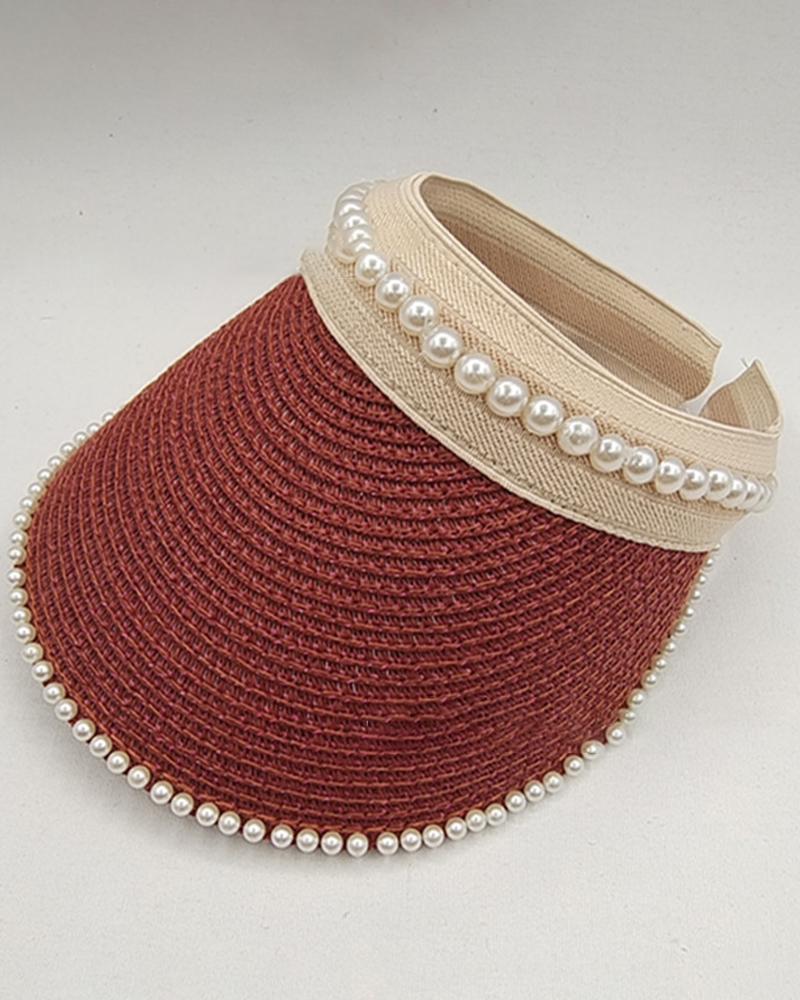 

Pearls Decor Sun Visor Beach Straw Cap, Wine red