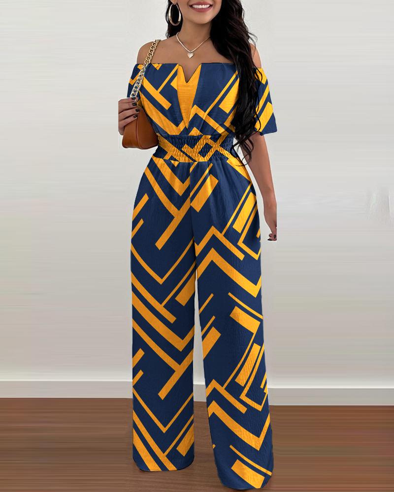 

Geometric Print Off Shoulder Shirred Waist Jumpsuit, Yellow