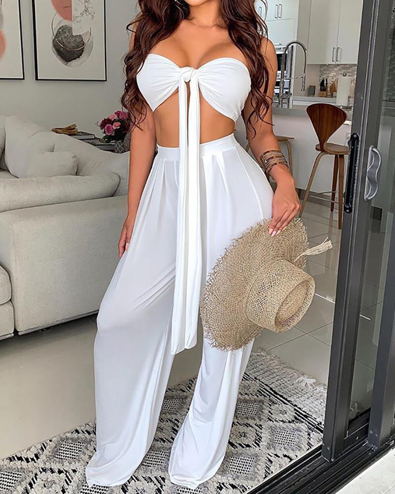 

Bandeau Tie Front Crop Top & Pants Set, White