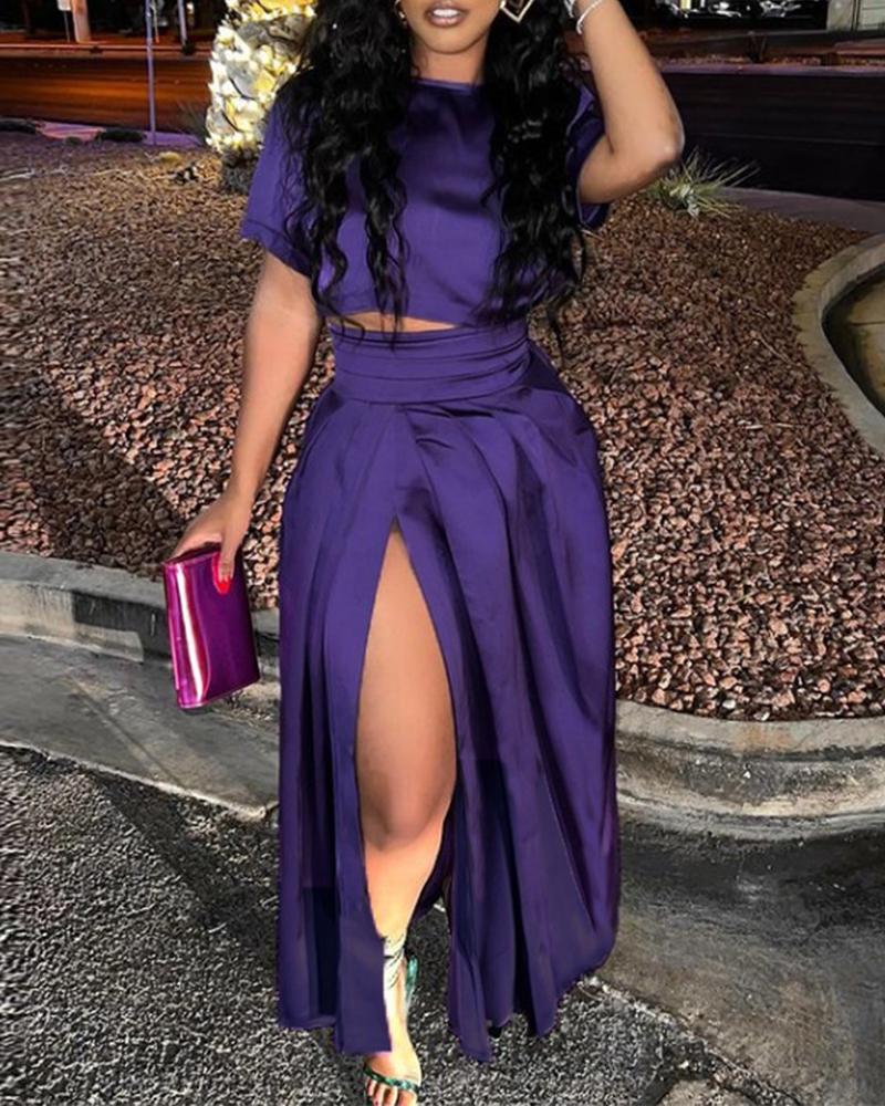 

Plain Crop Top & High Slit Pleated Skirt Set, Purple