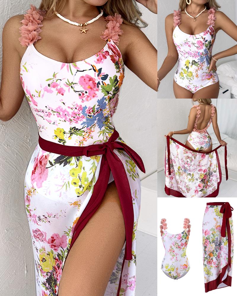 

Floral Print One-Piece Swimsuit With Cover Up, Pink