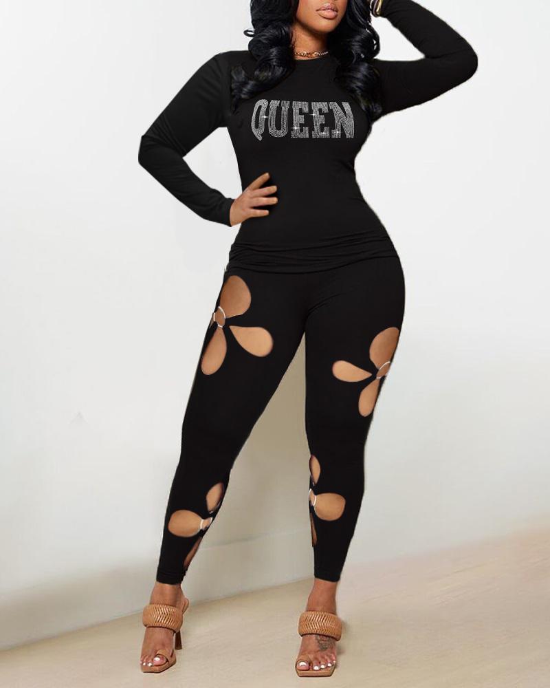 

Rhinestone Letter Pattern Top & O-Ring Cutout Pants Set, Black