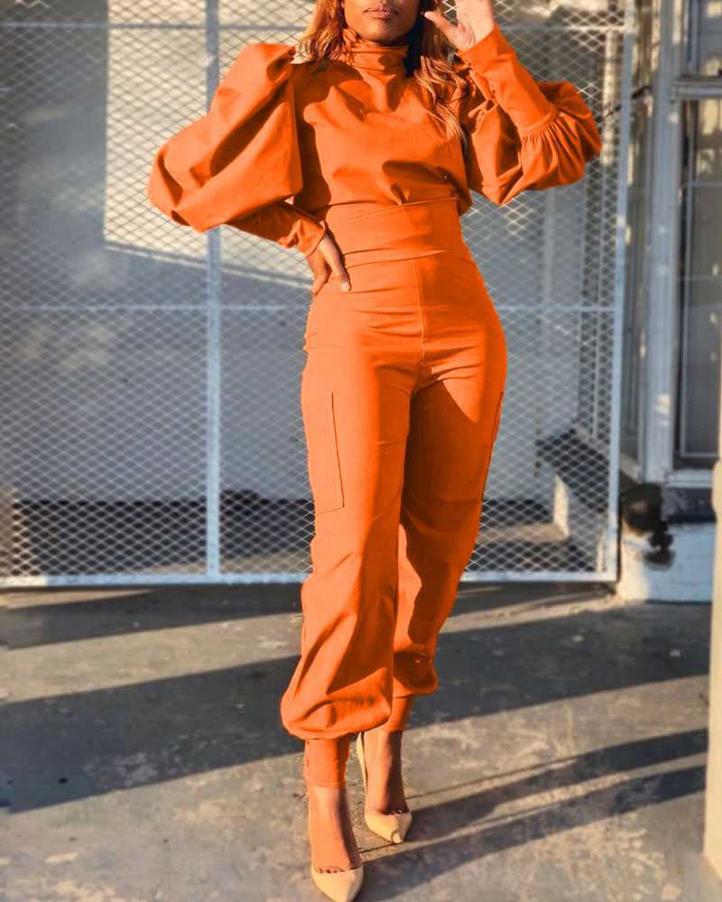 

Two Piece Sets Plain Puff Lantern Sleeve Top & High Waist Pants Set Elegant Suit Set, Orange