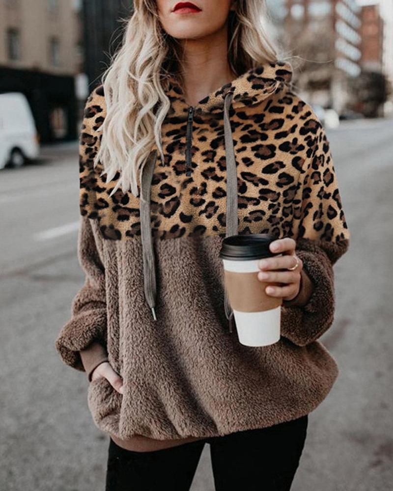 

Contrast Leopard Long Sleeve Fluffy Hoodie, Coffee