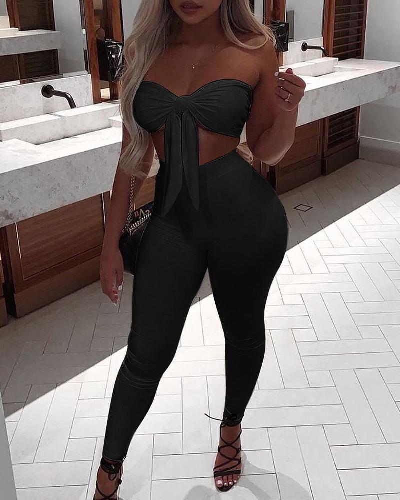 

Off Shoulder Suits Sleeveless Knotted Plain Skinny Top & Pants Set, Black