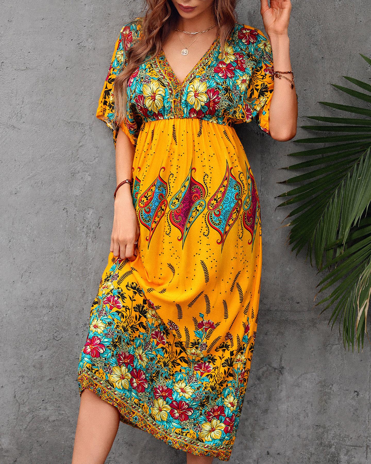 

Floral Paisley Print Half Sleeve Maxi Dress, Style1