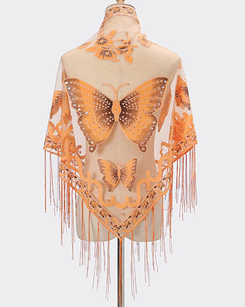 

Triangle Scarf Butterfly Flower Embroidery Lace Tassel Shawl Elegant Breathable Windproof Wrap Outdoor Accessories, Orange